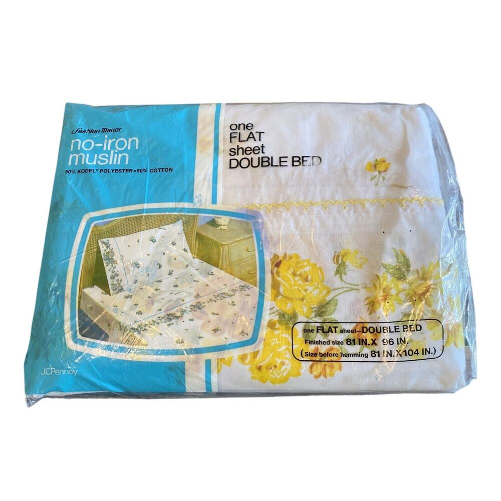 Vintage JC Penney Fashion Manor Muslin Yellow Floral Flat Sheet Full NOS NIP